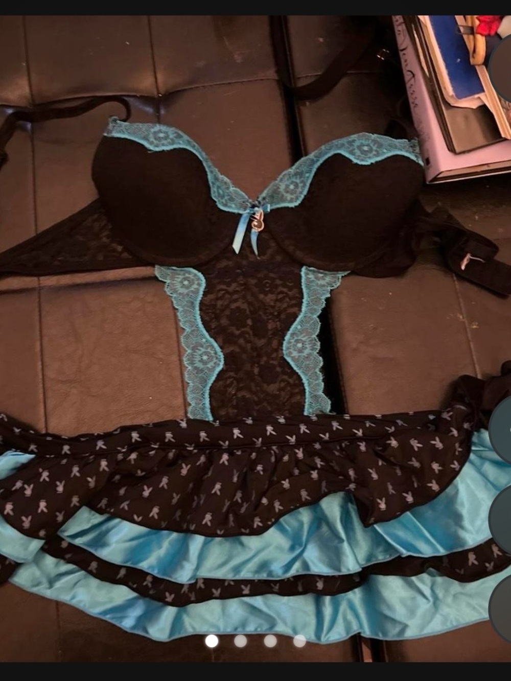 PLAYBOY Black and Teal Lace Teddy with Ruffled Skirt